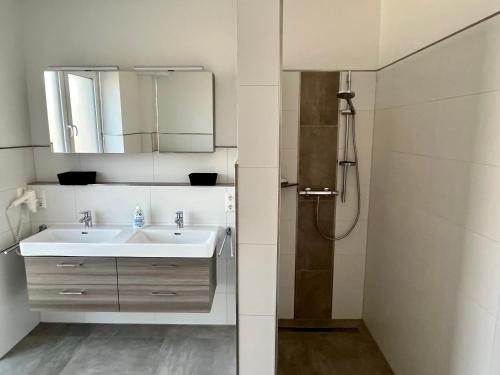 une salle de bain avec lavabo et douche dans l'établissement Nordsee Park Haus Friesland 7 P113, à Dangast