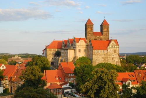 een groot kasteel met rode daken in een stad bij Hotel Domschatz in Quedlinburg