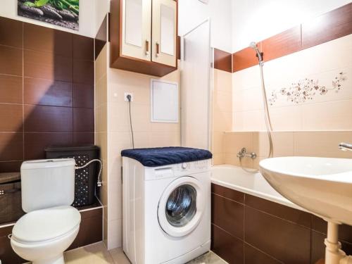 uma casa de banho com uma máquina de lavar roupa e um lavatório em Cosy 2 bedroom flat close to the town with parking em Bratislava