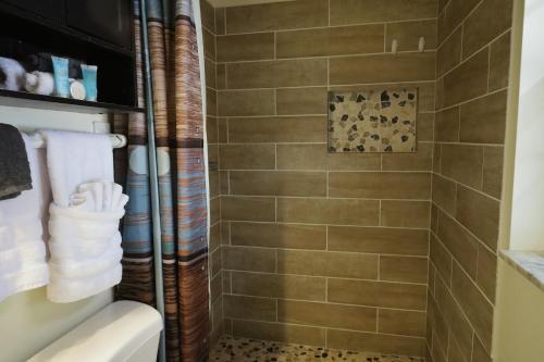 a bathroom with a shower with white towels at 3 Bdrms & Private Backyard Tiki Courtyard & more in Homosassa Springs