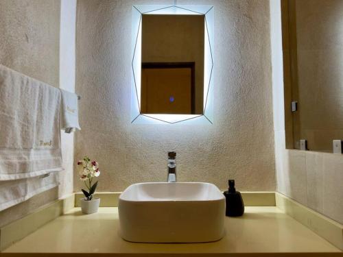 a bathroom with a white sink and a mirror at Loft Mueganos III en Val´Quirico in Santeagueda