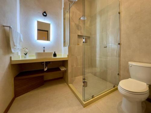 a bathroom with a shower and a toilet and a sink at Loft Mueganos III en Val´Quirico in Santeagueda