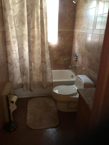 a bathroom with a toilet and a tub and a sink at Private Unit with own Entrance To Share in South Ozone Park