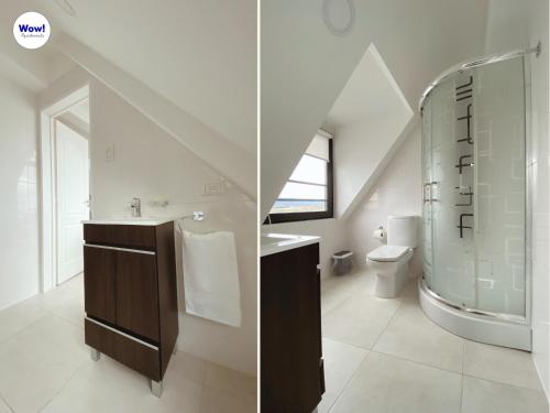 two pictures of a bathroom with a sink and a toilet at Wow! Ushuaia Apartments in Ushuaia