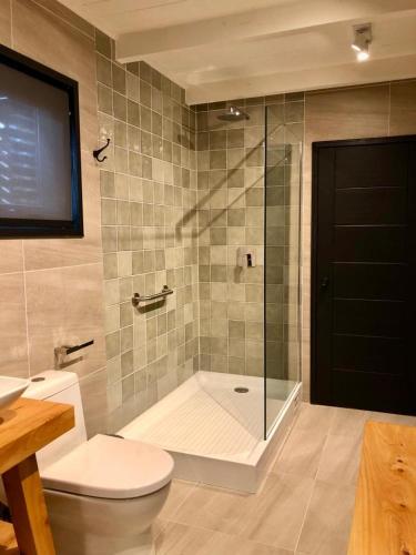 a bathroom with a shower with a toilet and a glass door at Calma Cabins in Puerto Clocker