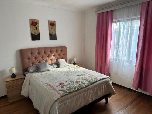 a bedroom with a large bed with pink curtains at Hostal Gloria Viña in Viña del Mar