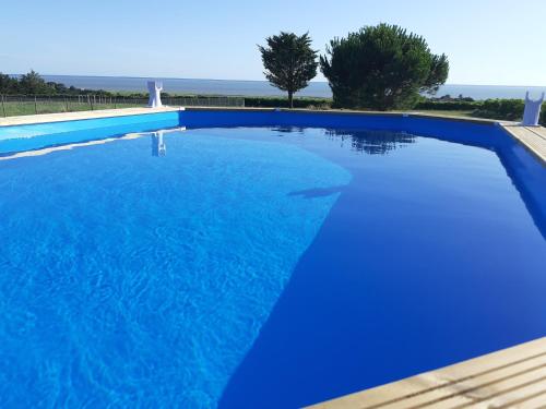 une piscine bleue avec l'océan en arrière-plan dans l'établissement Le Gîte du Petit Chenac, à Chenac Saint Seurin D'uzet