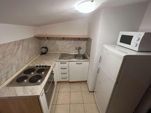 a small kitchen with a sink and a microwave at Apartments with parking spaces Pag - 22601 in Pag