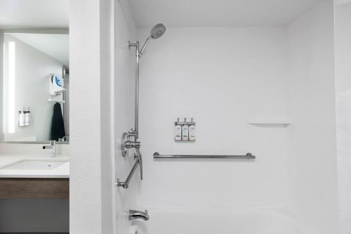 a bathroom with a shower and a sink at Holiday Inn Express Savannah Airport by IHG in Savannah