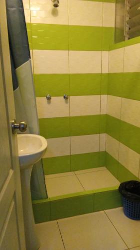 een badkamer met een wastafel en een douche met groene strepen bij HOTEL MAJHAMI in Huancayo