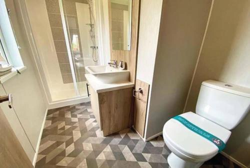 a bathroom with a toilet and a sink at Sandy Bay Lodge in Newbiggin-by-the-Sea