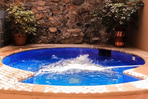 einen Pool mit blauem Wasser und zwei Topfpflanzen in der Unterkunft Mansion de los Sueños in Pátzcuaro