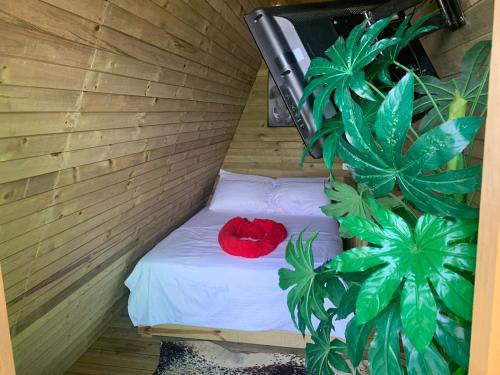 - un oreiller rouge sur un lit dans une chambre avec des plantes dans l'établissement Chalet El Pinal - Copacabana, à La Estrella