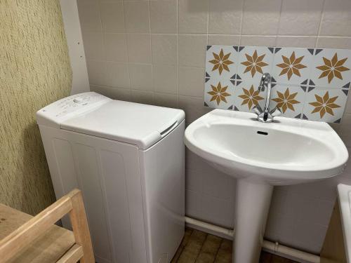 une petite salle de bain avec un lavabo et des toilettes dans l'établissement Appartement 2 pièces avec terrasse et garage, centre-ville Le Grau-du-Roi, 5 min de la plage - FR-1-250-266, au Grau-du-Roi