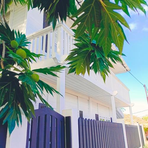 a house with a blue fence and palm trees at Bunaken 18 Diving Resort and Cafe in Bunaken
