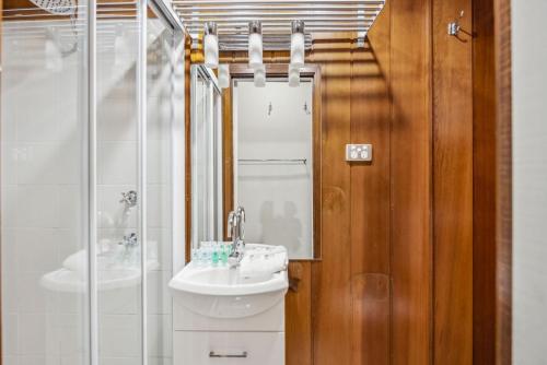 a bathroom with a sink and a shower at Tyrola 2 in Thredbo