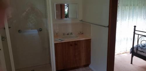 a bathroom with a sink and a shower with a mirror at Ripplebrook Country Cottage in Foster