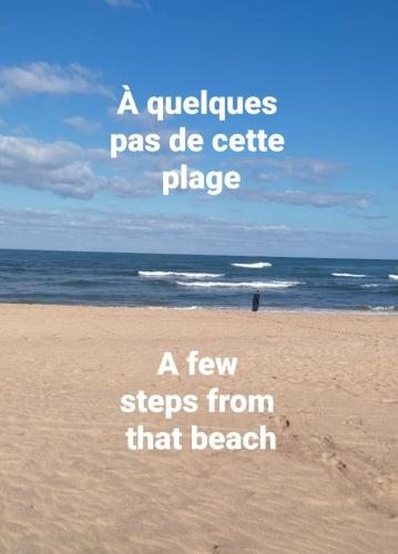 una vista sulla spiaggia con le parole aucles pas de celtic di Pied sur mer 'résidence galets sur mer' a Tamaris