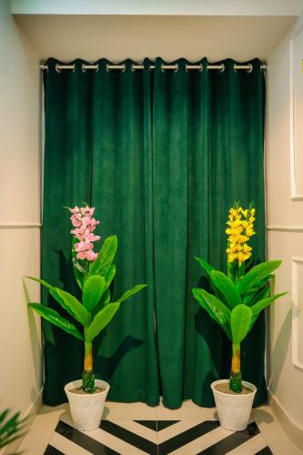 two potted plants in front of a green curtain at Agrah Stay - Kasa Lusso Stay in Faridabad