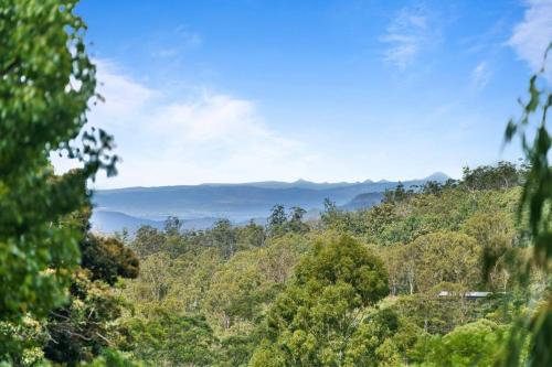a view of a forest with mountains in the distance at Yume House - Stylish Country Escape 2 Bedrooms in Ravensbourne
