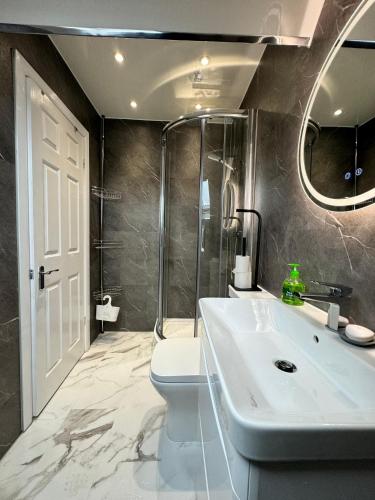 a bathroom with a sink and a toilet and a shower at Luxury Ensuite Rooms @ Kingsley Terrace in Newcastle upon Tyne
