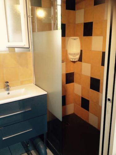 La salle de bains est pourvue d'un lavabo, d'une douche et de toilettes. dans l'établissement Charmante maison à 500m de la plage Rémigeasse, à Dolus-d'Oléron