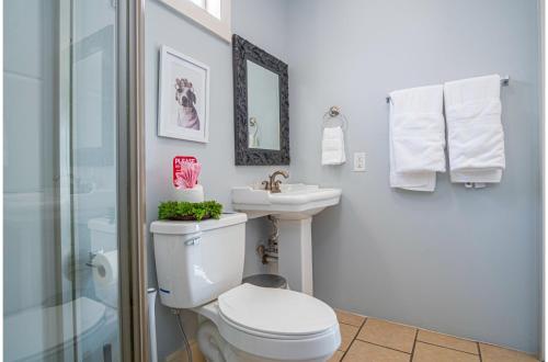 a bathroom with a toilet and a sink and a shower at Stunning 3BR2BA Haven in Downtowns Heart in San Antonio