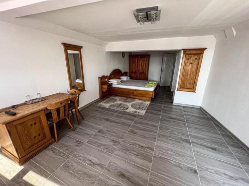 a room with a bed and a desk and a table at Pensiunea Leonardo in Moldova Veche