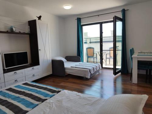 a bedroom with a bed and a television and a balcony at Studio Selena Vamaland in Vama Veche