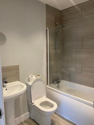 W łazience znajduje się toaleta, umywalka i prysznic. w obiekcie Brislington villa w Bristolu