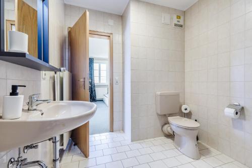 a bathroom with a sink and a toilet at Zentrales charmantes Apartment in Kulmbach
