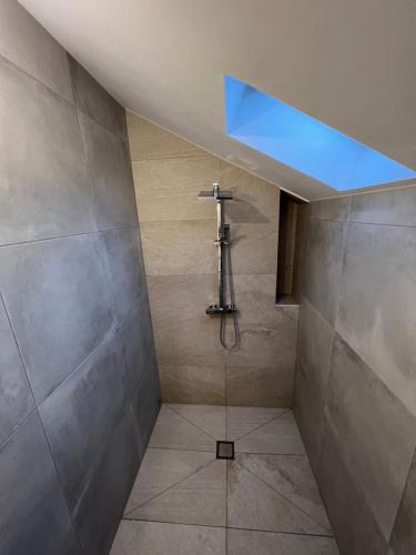 - prysznic w łazience z niebieskim światłem w obiekcie Appartement / 4 personnes / Wifi / Sarrebourg w mieście Sarrebourg