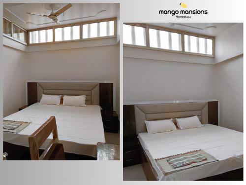 two beds in a room with a window at Mango Mansions Homestay Gorakhpur in Gorakhpur