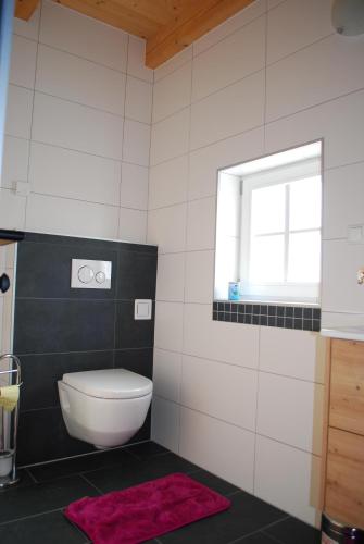 bagno con servizi igienici e finestra. di Ferienhaus Schirgi a Sankt Kathrein am Offenegg