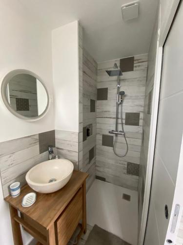 une salle de bain avec un lavabo et une douche dans l'établissement Villa Récampado Les pieds dans l'eau avec piscine, à Cavalaire-sur-Mer