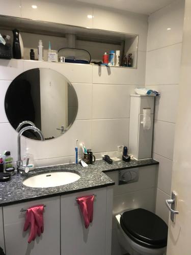 a bathroom with a sink and a toilet and a mirror at Heart of West London in London