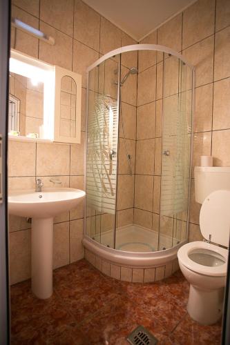 a bathroom with a shower and a toilet and a sink at CASA PHOENIX in Eforie Nord