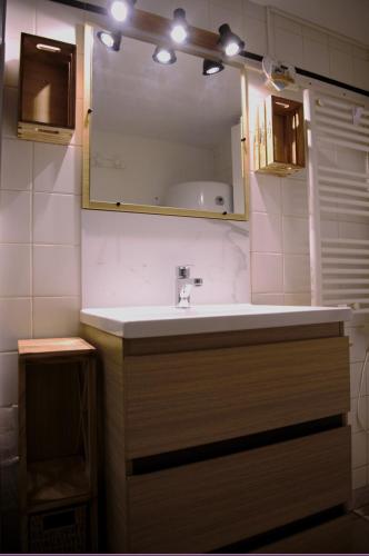 une salle de bain avec un lavabo et un miroir dans l'établissement Maisonnette et gîte proches de la mer, à Plouha