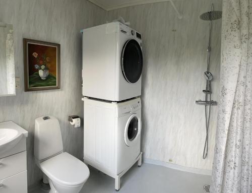 a bathroom with a washing machine and a toilet at 3-Bedroom Charming Lund Home in Lund