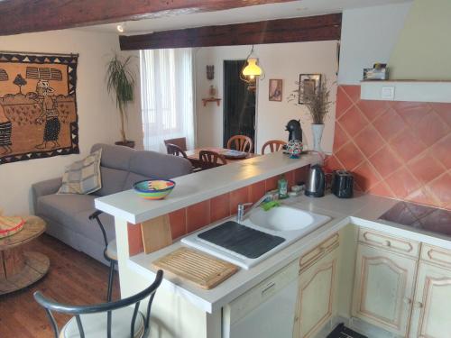 une cuisine avec un évier et un salon dans l'établissement Romans-sur-Isère, maison de rue en centre ancien, à Romans-sur-Isère