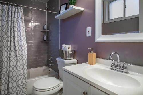 a bathroom with a toilet and a sink and a mirror at Fantastic Falls Church HomeBase for DC area travel in Arlington