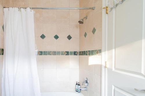 a bathroom with a shower curtain and a sink at H St Sanctuary Capitol Hill Carriage House in Washington, D.C.