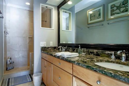 a bathroom with a sink and a large mirror at LUXE Cameron House Off King St Est 1870 in Alexandria