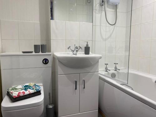 a bathroom with a sink and a toilet and a shower at The Buckingham Studio in Glasgow