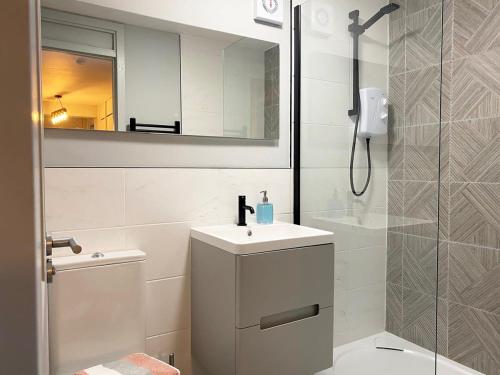 a bathroom with a sink and a shower and a mirror at Beautiful West End Flat with Private Parking in Glasgow