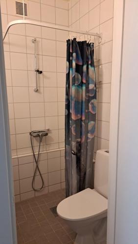 ein Bad mit einem WC und einem Duschvorhang in der Unterkunft Room in apartment in Malmö