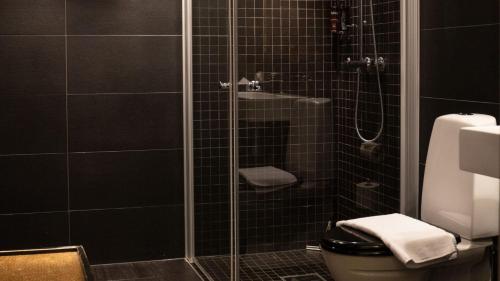 y baño con ducha de cristal y aseo. en Sigtunahöjden Hotell & Konferens en Sigtuna