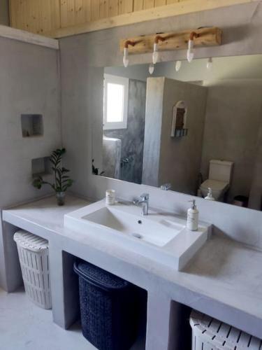 a bathroom with a sink and a mirror at Venus cottage in Agios Vlasios