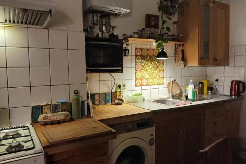a kitchen with a sink and a washing machine at Private Rooms in Hannover