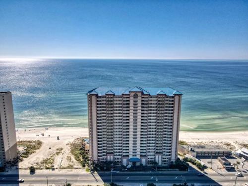 an aerial view of a hotel and the beach at 8th Floor Gulf View Beachfront Condominium by Brightwild in Panama City Beach